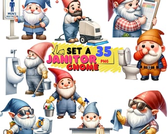 Watercolor Janitor Gnome Clipart: Cleaning PNG Set (Digital Download)