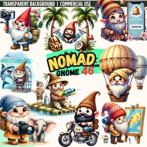 46PNG: Gnomo NOMAD digital, Gnomo explorador, Gnomo acuarela, Descarga digital, Decoración de guardería, Gnomo mochila clipart