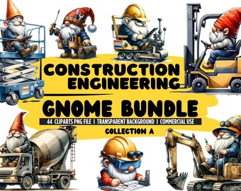 Watercolor Construction Gnomes Clipart: 44 PNG Bundle (Commercial Use)