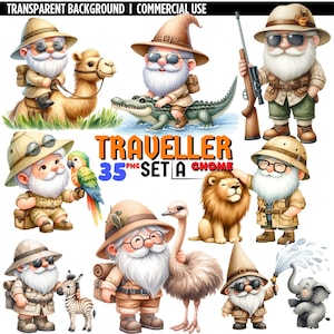 Ensemble A 35PNG : Clipart aquarelle de nain de voyage, png de vacances, nain de voyage de vacances, téléchargement numérique, scrapbooking, journaux indésirables, décoration de chambre d'enfant