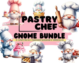 Pastry Chef Gnome Clipart: Watercolor Baker PNG Bundle (Commercial Use)