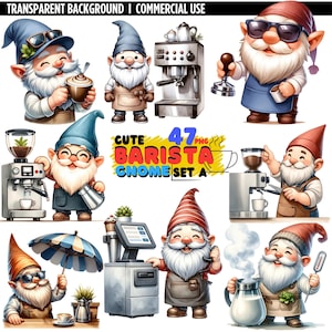47PNG Watercolor Barista Gnome Clipart, SET A, Coffee Gnomes Clipart PNG, Coffee Lover, Cute Gnomes Clipart, Digital Download, Nursery Decor