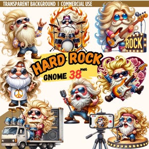 Könnte beinhalten: Ein Set mit 38 digitalen Illustrationen von Gnom, die in Rock'n'Roll-Kleidung gekleidet sind. Die Gnome spielen Instrumente, singen und posieren mit Gitarren. Die Illustrationen sind im Cartoon-Stil gehalten und haben einen skurrilen Charakter. Der Text "Hard Rock Gnome" wird in der Mitte des Bildes angezeigt.