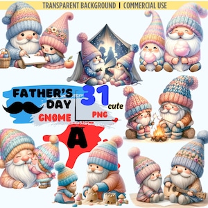 33PNG SetA: Aquarela fofa para o Dia dos Pais, PNG, Melhor decoração para quarto de bebê com a família do pai, Clipart de gnomos fofos, Download digital, Álbum de recortes, Diários de sucata