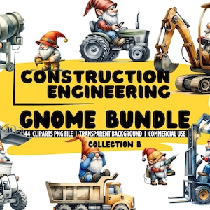 44 Veículos de Construção em Aquarela com Gnomos Engenheiros, Clipart em Aquarela, Gnomos de Construção, Ideias para Presentes de Engenheiros, Coleção B, PNG