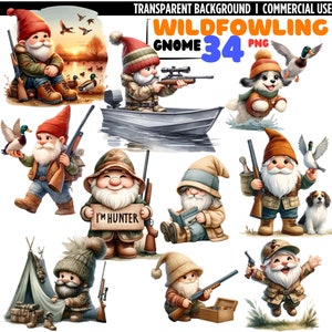 34PNG: Gnomo de caza, Png de caza de patos, señuelo de aves silvestres, imágenes prediseñadas de gnomos de acuarela, decoración de vivero, arte de vivero, amantes de los gnomos, perro de caza