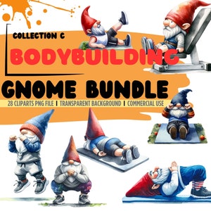 Könnte beinhalten: Ein Set mit 28 digitalen Clipart-Bildern, die Gnome zeigen, die verschiedene Übungen machen, darunter Gewichtheben, Yoga und Dehnen. Die Gnome tragen bunte Kleidung und haben rote, weiße und blaue Akzente. Die Bilder sind perfekt, um lustige und fantasievolle Designs für Basteln, Scrapbooking und mehr zu erstellen.