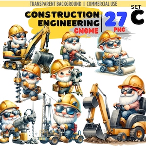 May include: Set of 27 cartoon gnomes wearing construction worker hats and sunglasses, operating various construction equipment, including a backhoe, jackhammer, bulldozer, and a roller.  The gnomes are wearing blue jeans and yellow hard hats.  The gnomes are on a white background.