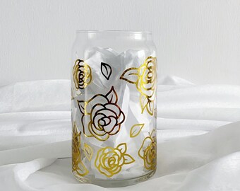 Rose Floral Libbey Beer Can 16oz Glass l Iced Coffee Tea Soda Cup l Personalized Wedding Housewarming Gift