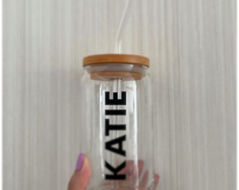 Custom Name Libbey Glass Beer Can | Bamboo Lid Glass Straw | Bridesmaid Wedding Ask Favor