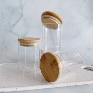 Bamboo Lid Glass Spice Jars | Lid and Jar, Label Separate | 250ml | Herb Pantry Container with Natural Wood Top