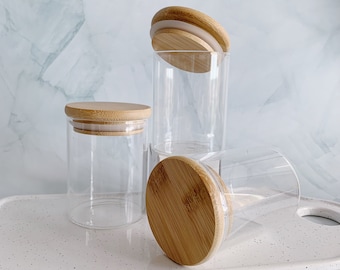 Bamboo Lid Glass Spice Jars | Lid and Jar, Label Separate | 250ml | Herb Pantry Container with Natural Wood Top