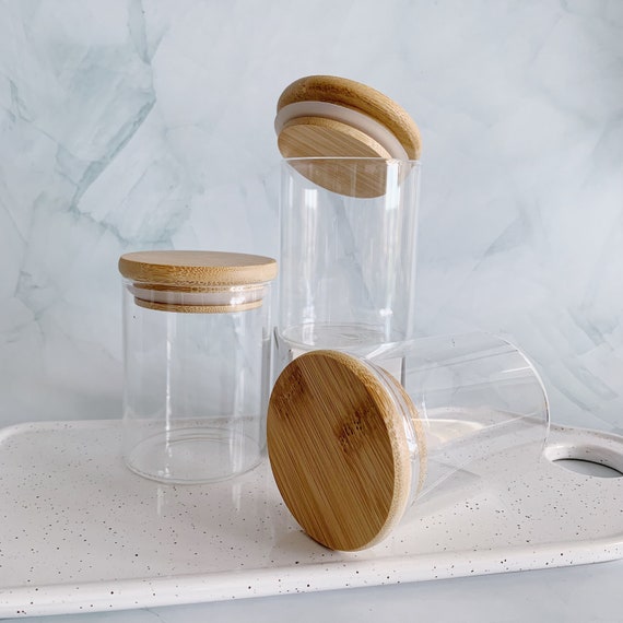 Bamboo Lid Glass Spice Jars Lid and Jar, Label Separate 250ml Herb Pantry  Container With Natural Wood Top 