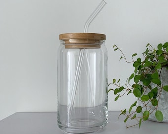 Blank Libbey Glass Beer Can with/without Bamboo Lid Glass Straw | Coffee Matcha Modern Minimalist