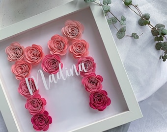 initial letter name • Personalized Custom Paper Rose Shadow Box | Flower Frame | Modern Minimal