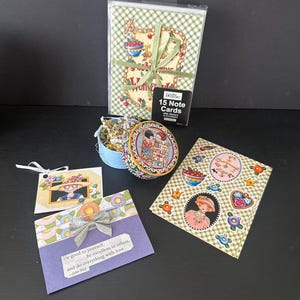 Mary Engelbreit  Combo Deal, The Best Antiques are  Old Friends  Trinket Box ,15 Note cards with stickers A Charmed Life ,Gift tag/ envelope