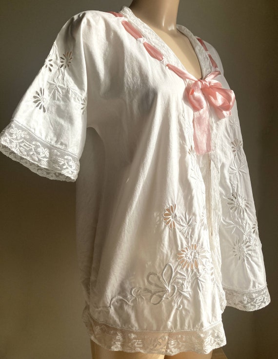 Antique White Cotton Lace Blouse/Vintage Embroide… - image 4