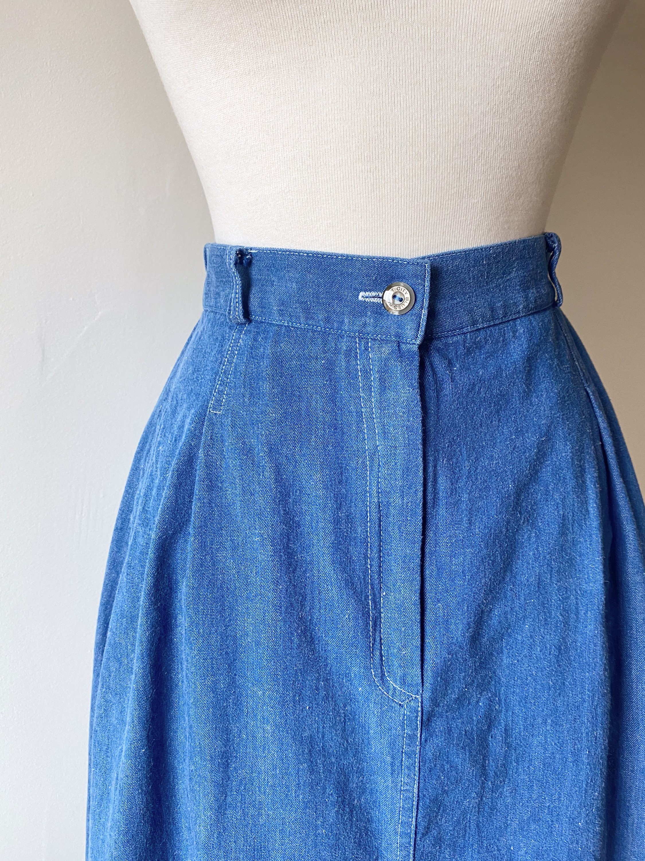 Vintage 70s Denim Midi Skirt Full Denim Skirt With Contrast - Etsy