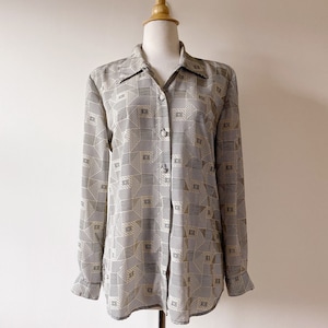 Vintage 90s Long Sleeve Abstract Pattern Blouse | Black and White Button Down Top Size Medium