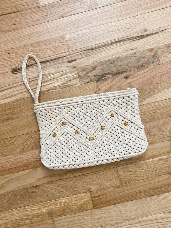 Vintage Macrame Purse | Beaded Wristlet Clutch wi… - image 1