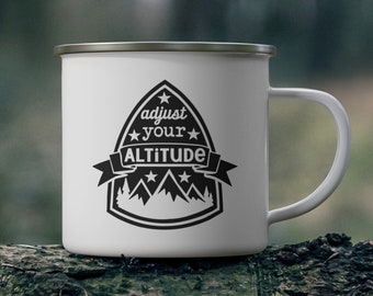 Ajuste su altitud / Taza de camping de esmalte personalizado / 12 oz