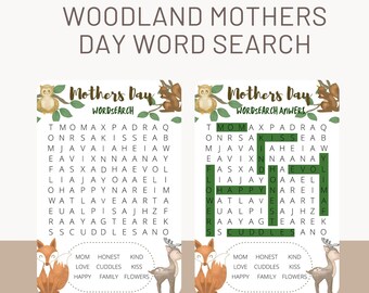 Fête des mères Woodland Animal Word Search imprimable, recherche de mot de la fête des mères, activité de la fête des mères, jeux de fête des mères imprimables