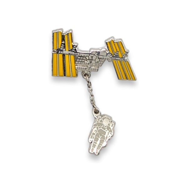 ISS Enamel Pin - International Space Station Hard Lapel Pin With An Astronaut Hanging Charm! Go On a Walk While Wearing This Space Walk Pin