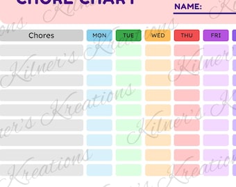May include: A colorful chore chart with the words "CHORE CHART" at the top. The chart has columns for each day of the week, with space to write chores and a section for rewards. The chart is designed to help track tasks.