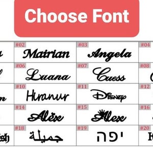 May include: A chart with 20 different font styles, each with a number and a name. The font styles are shown with the names "Emma", "Mairian", "Angela", "Alice", "Baby Girl", "Luana", "Cuess", "Amaxer", "Naushin", "Hiranur", "Disney", "Angel", "Alex", "Al&egrave;se", "Alex", "Alex", "Old English", "جميلة", "יפה", "красивая".