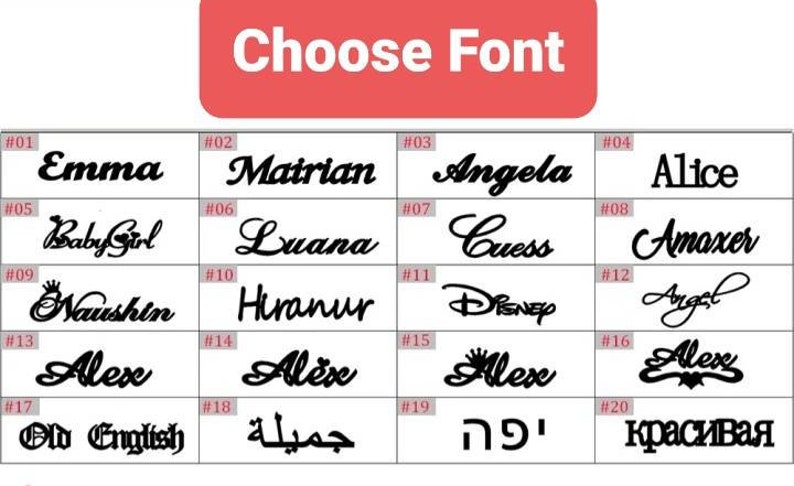 May include: A chart with 20 different font styles, each with a number and a name. The font styles are shown with the names "Emma", "Mairian", "Angela", "Alice", "Baby Girl", "Luana", "Cuess", "Amaxer", "Naushin", "Hiranur", "Disney", "Angel", "Alex", "Al&egrave;se", "Alex", "Alex", "Old English", "جميلة", "יפה", "красивая".
