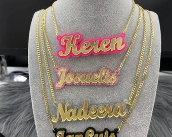 30+ Schriftarten Benutzerdefinierte Name Farbe Halsketten Frauen Kind Geburtstag Geschenke für Tochter Personalisierte Namensschilder Acryl Laser Cut Schmuck Blau Rosa