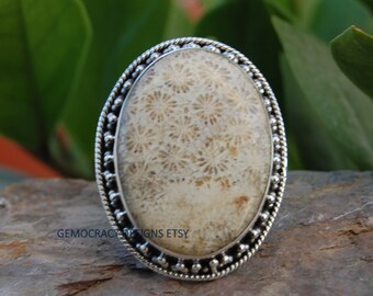 Statement Ring 925 Sterling Silver Ring Gifts for her Birthstone Jewelry Handmade Ring Boho Rings #SC12 Fossil coral gemstone ring