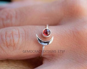 Moon Ring Red Garnet Ring Crescent Ring Adjustable Ring Moon Garnet Ring Half Moon Ring Hippie Ring,Boho Ring,925 Sterling Silver Ring