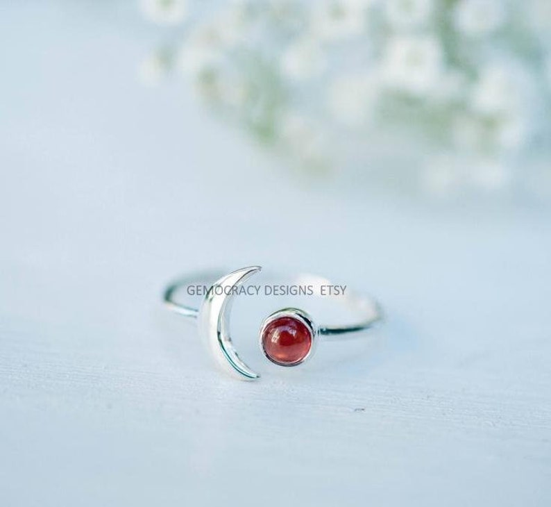 Moon Ring Red Garnet Ring Crescent Ring Adjustable Ring Moon Garnet Ring Half Moon Ring Hippie Ring,Boho Ring,925 Sterling Silver Ring