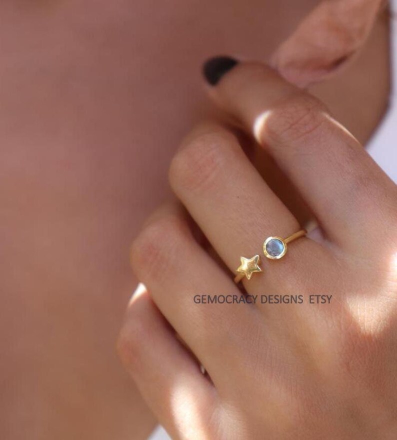 Minimalist Ring 18K Gold Plated Ring Star Ring Adjustable Ring 925 Sterling Silver Ring Blue Labradorite Ring Labradorite Star Ring