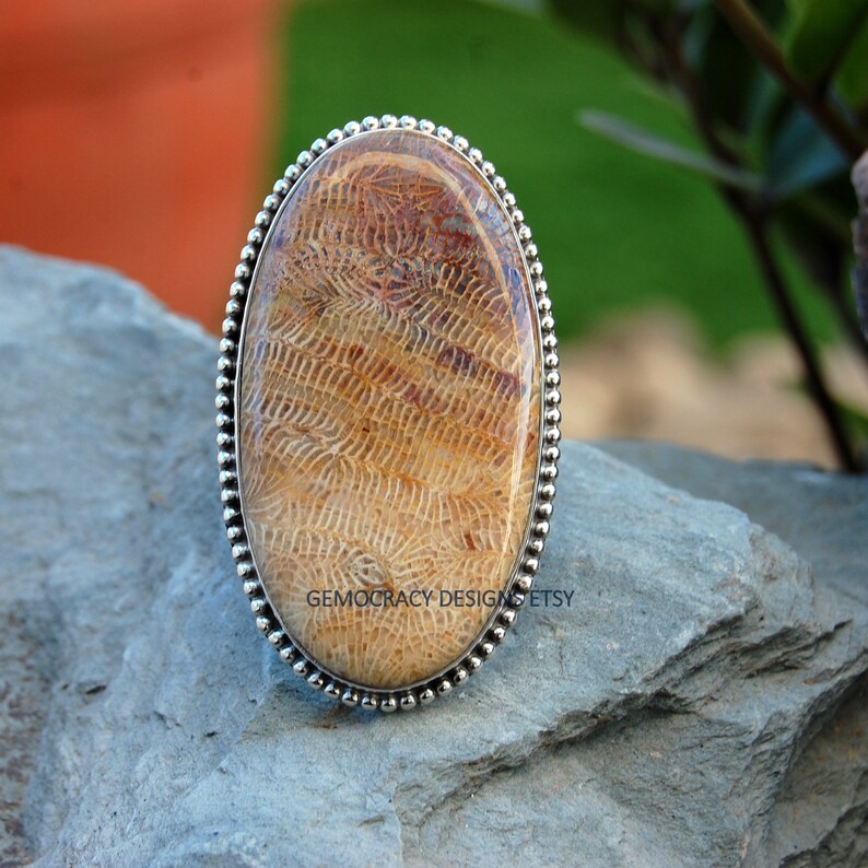 Coral Fossil Cocktail Ring Ball Border Ring Bohemian Ring Gift Ring Coral Fossil Gigantic Ring 925 Sterling Silver Ring Statement Ring