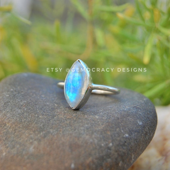 Rainbow Moonstone Gemstone Ring 925 Sterling Silver Stacking Ring 