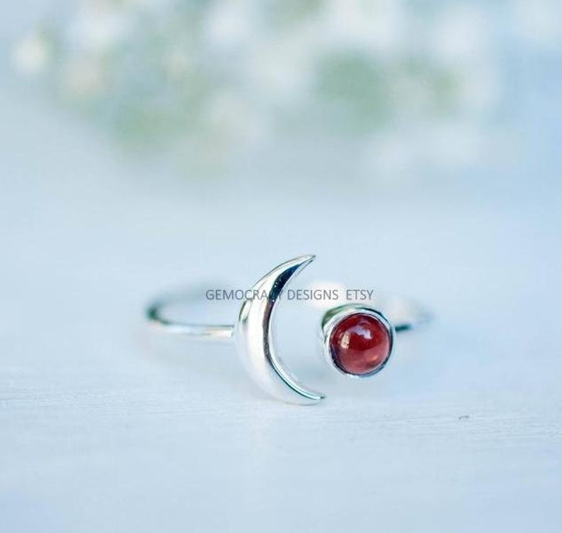 Moon Ring Red Garnet Ring Crescent Ring Adjustable Ring Moon Garnet Ring Half Moon Ring Hippie Ring,Boho Ring,925 Sterling Silver Ring