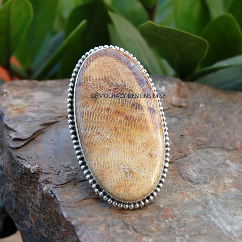 Coral Fossil Cocktail Ring Ball Border Ring Bohemian Ring Gift Ring Coral Fossil Gigantic Ring 925 Sterling Silver Ring Statement Ring