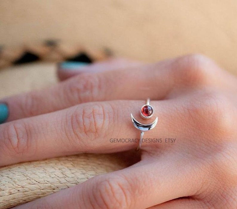 Moon Ring Red Garnet Ring Crescent Ring Adjustable Ring Moon Garnet Ring Half Moon Ring Hippie Ring,Boho Ring,925 Sterling Silver Ring