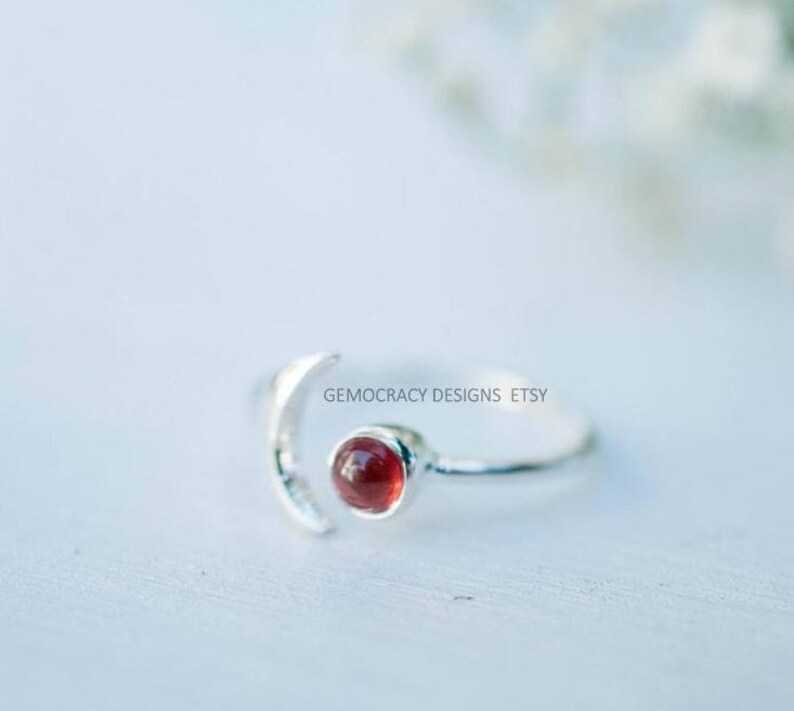 Moon Ring Red Garnet Ring Crescent Ring Adjustable Ring Moon Garnet Ring Half Moon Ring Hippie Ring,Boho Ring,925 Sterling Silver Ring