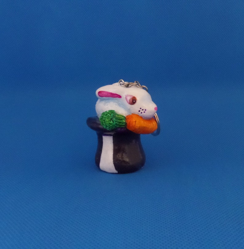 Handmade Polymer Clay Keychain Rabbit Out of a Hat Keychain Fun Art Gift Sculpture