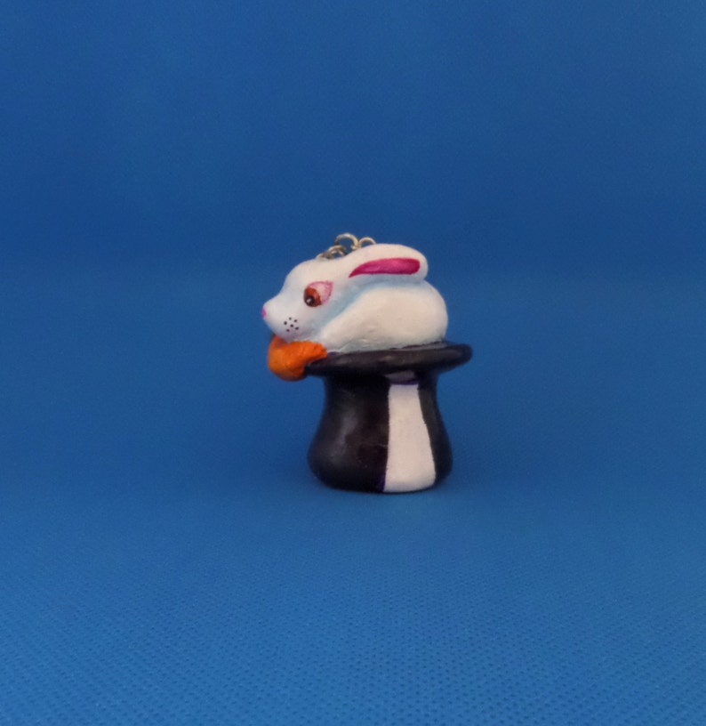 Handmade Polymer Clay Keychain Rabbit Out of a Hat Keychain Fun Art Gift Sculpture