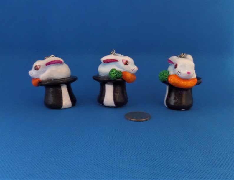 Handmade Polymer Clay Keychain Rabbit Out of a Hat Keychain Fun Art Gift Sculpture