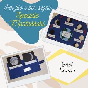 May include: A Montessori educational set featuring the phases of the moon. The set includes a blue felt board with labeled moon phases, and two photo cards depicting the moon. Text on the image reads "Per filo e per segno Speciale Montessori" and "Fasi lunari".
