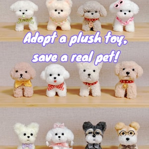 May include: A collection of plush toy dogs in various colors and styles, including white, brown, gray, and black. The dogs are all sitting on a wooden shelf. The text "Adopt a plush toy, save a real pet!" is written in purple letters on a white background.