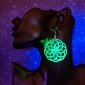 rave earrings, UV Acrylic starseed earrings, hand stained laser cut sacred geometry earrings