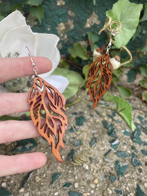 Wooden Leaf Earrings Erleichda Hand Stained Laser Cut Earrings Etsy