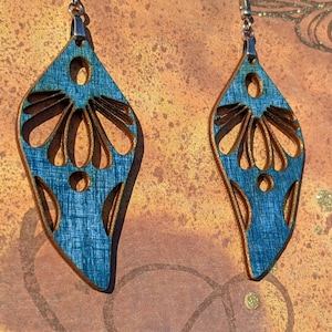 Blue bird skull Lasercut Abstract Geometric Wooden Earrings