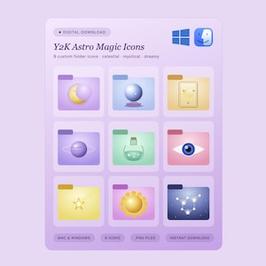 Puede incluir: Un gráfico de descarga digital con nueve iconos de carpeta personalizados con temas celestiales, místicos y de ensueño. Los iconos incluyen una luna creciente, una bola de cristal y un planeta. La paleta de colores incluye tonos de morado, amarillo y azul.